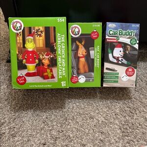 Dr. Seuss Lot! Grinch and Max Inflatable Set with Snowman Car Buddy!